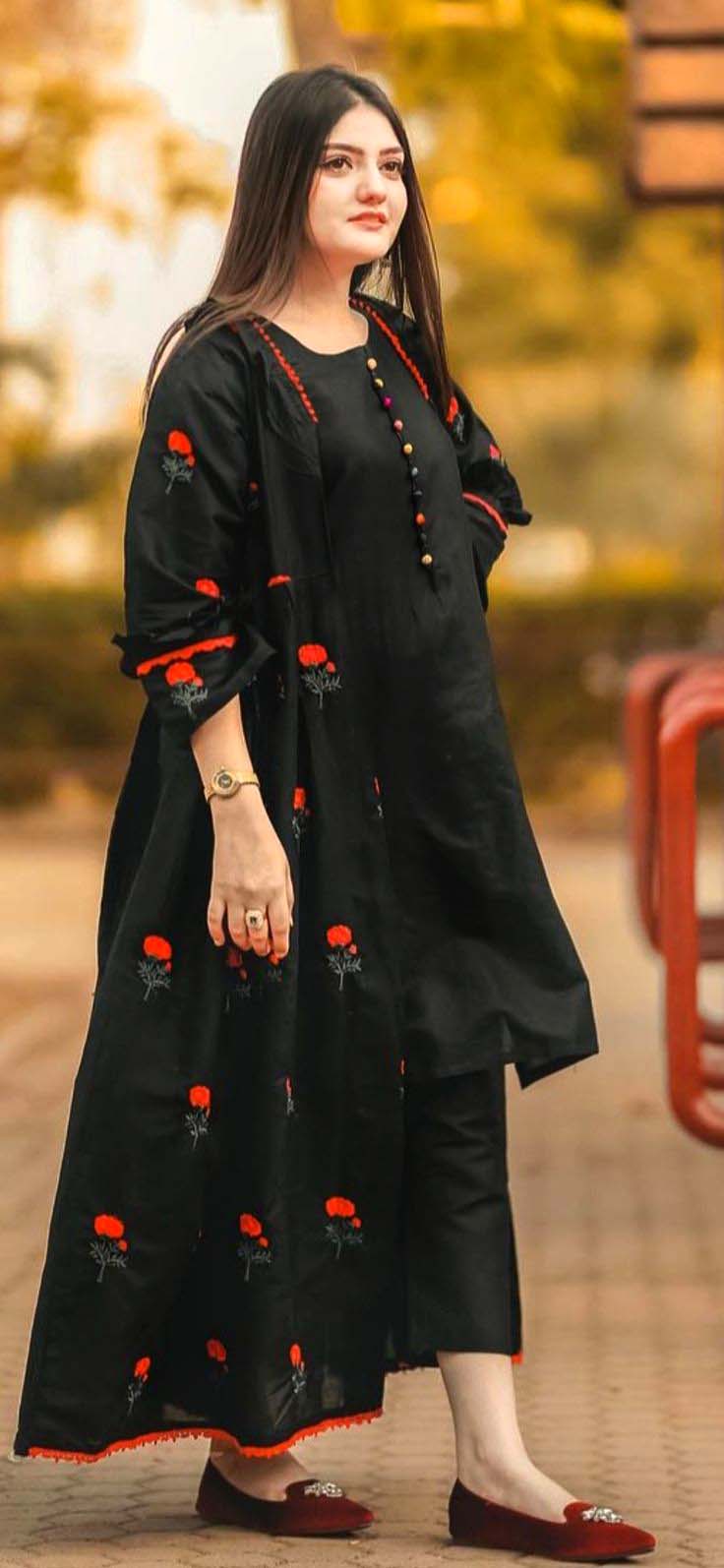 Fancy  3 pieces stitched Red rose 🌹 Embroidery Gown Style Dress for girls 🥰