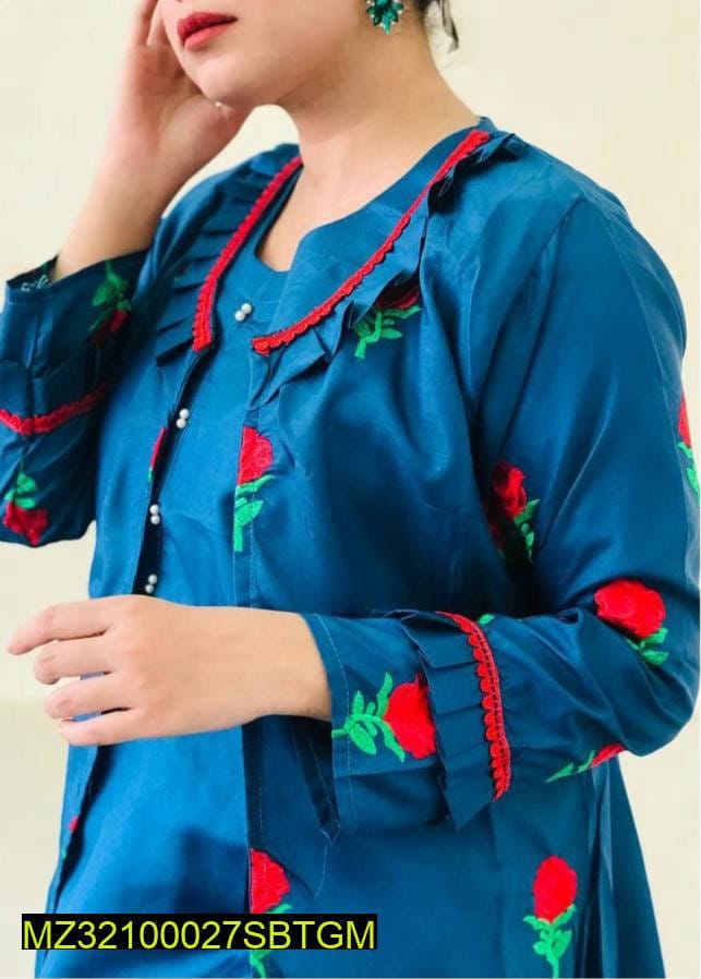 Fancy  3 pieces stitched Red rose 🌹 Embroidery Gown Style Dress for girls 🥰