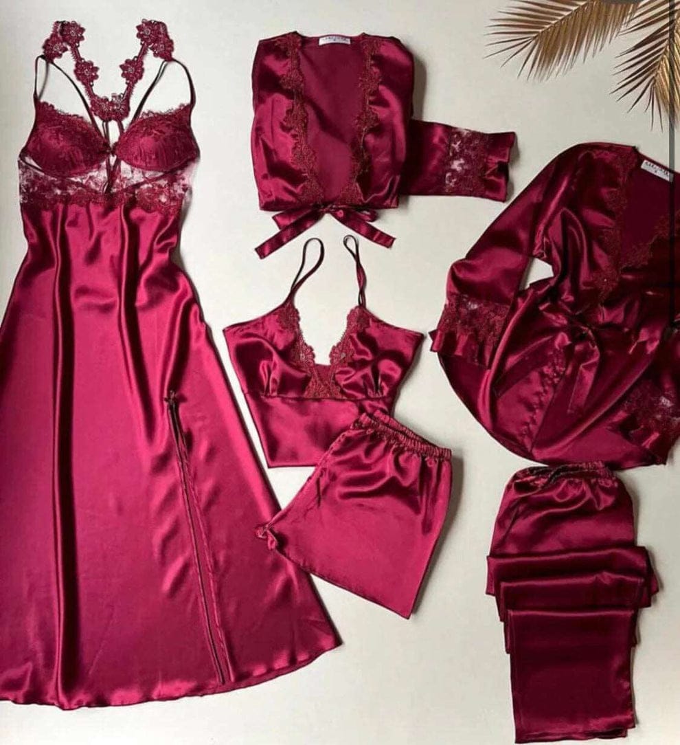 Beautiful 6 PCS LONG SLIT SILK NIGHTY SET 😍 with Free Delivery