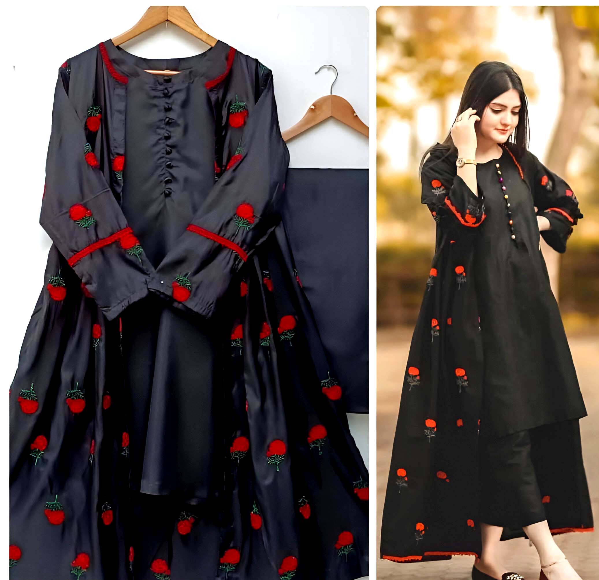 Fancy  3 pieces stitched Red rose 🌹 Embroidery Gown Style Dress for girls 🥰